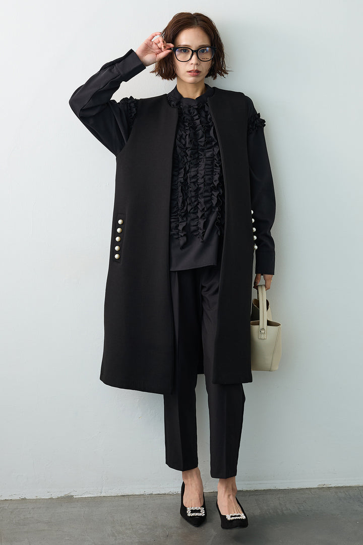 [予約/SET]Iラインフリルホイップブラウス+ポケットパール付きボンディングロングベスト+タックテーパードパンツ(3set)