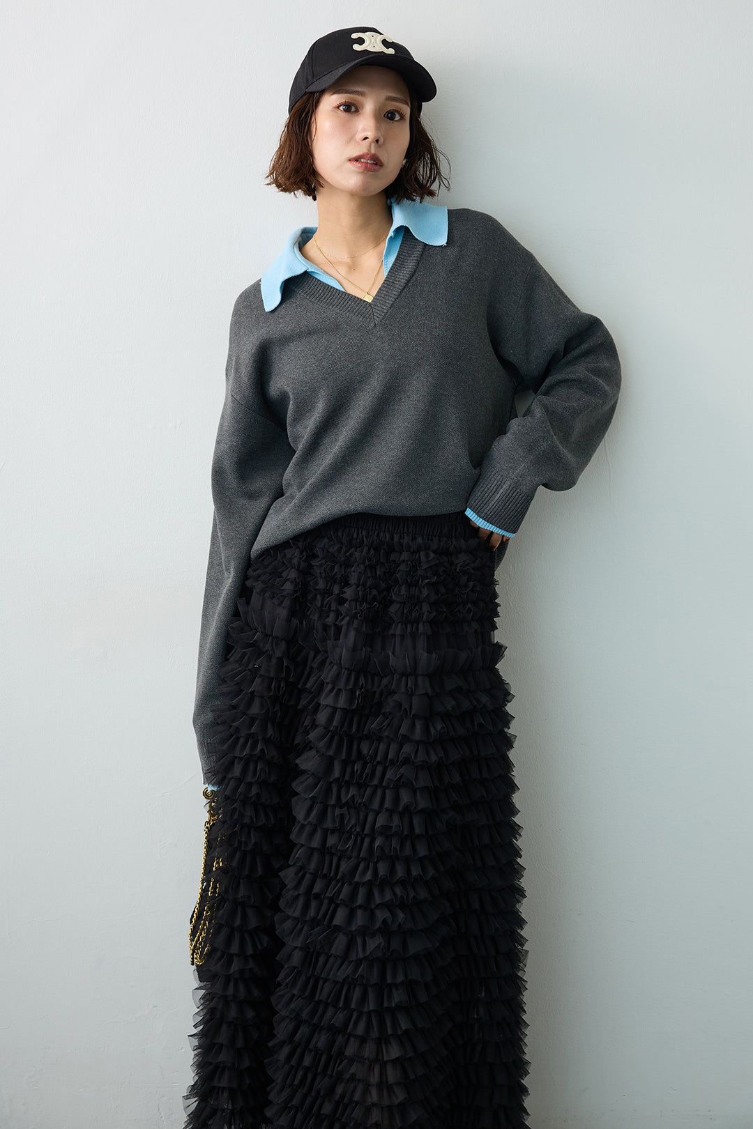 [予約]配色襟レイヤード風ニット