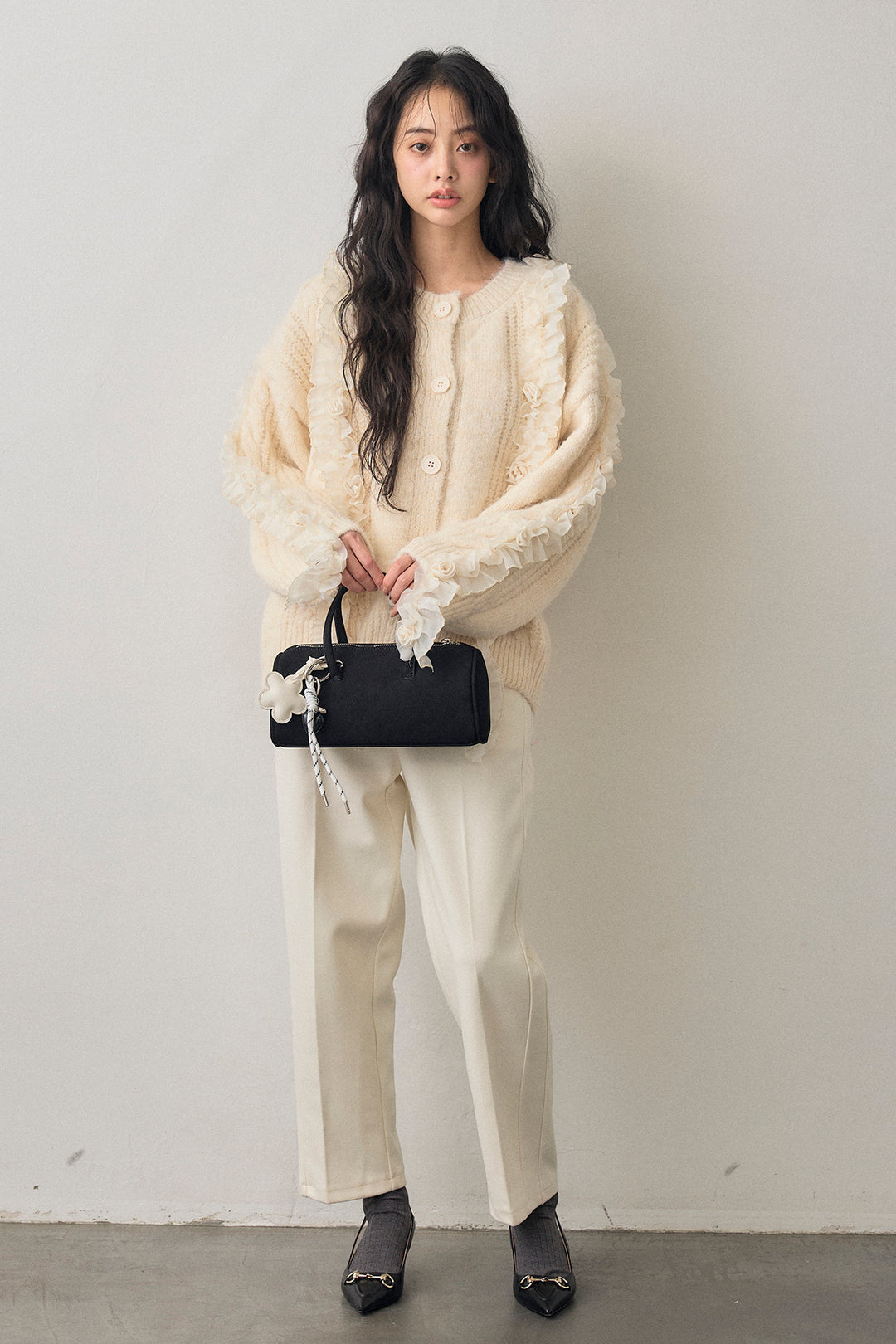 [予約/SET]フリルローズドッキングニットカーデ+ウォームセンタープレス美ラインテーパードパンツ(2set)