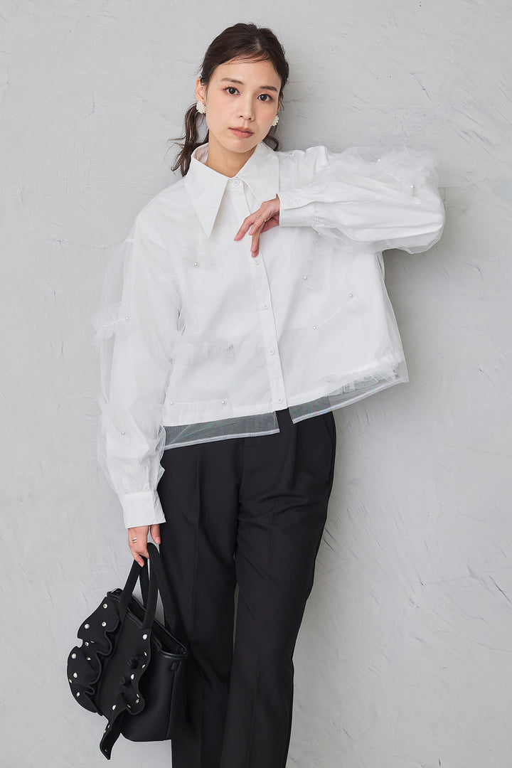 [予約/SET]チュールレイヤードパールシャツ+タックテーパードパンツ(2set)