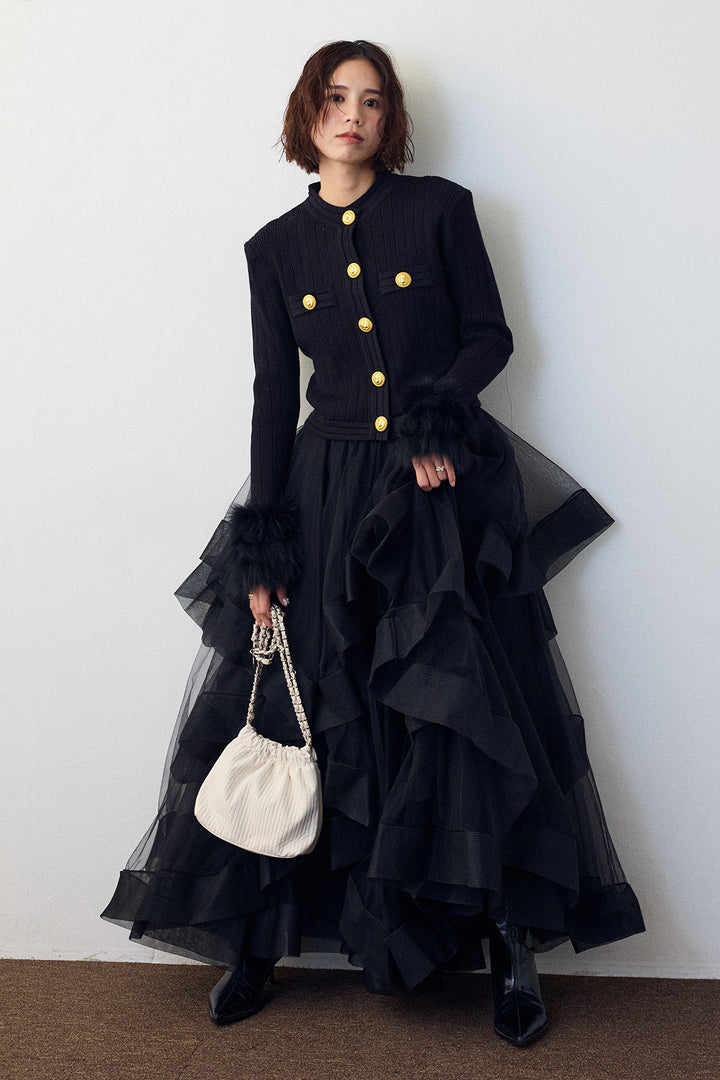 [予約]ダブルファーラインスリーブニットカーデ