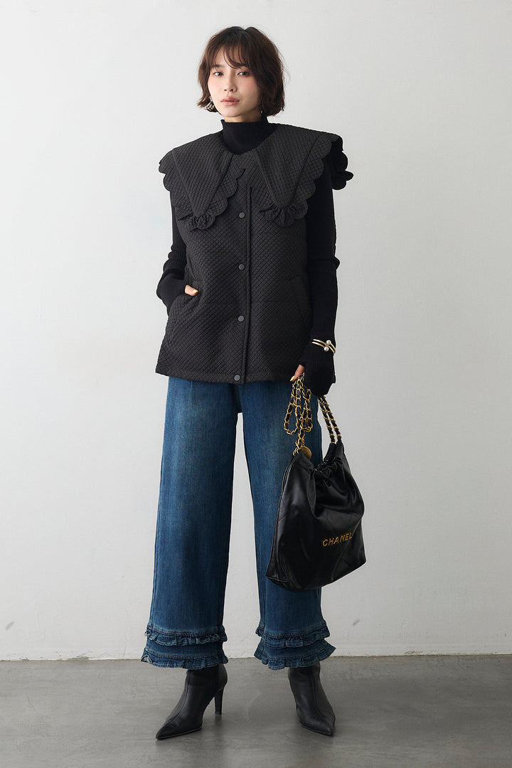 [予約/SET]ベーシックフィンガーホールリブニット+スカラップBIGカラーベスト+フリルヘムデニムパンツ(3set)