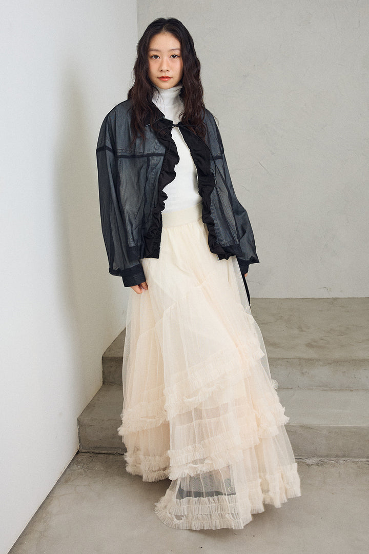 [予約/SET]デニム×チュールレイヤードフリルジャケット+フェアリードレープチュールスカート(2set)