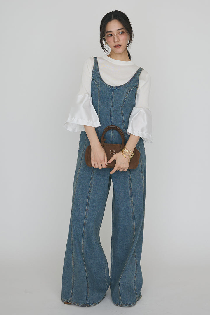 [予約/SET]タックフレア異素材ドッキングニットPO+美ラインデニムサロペット(2set)