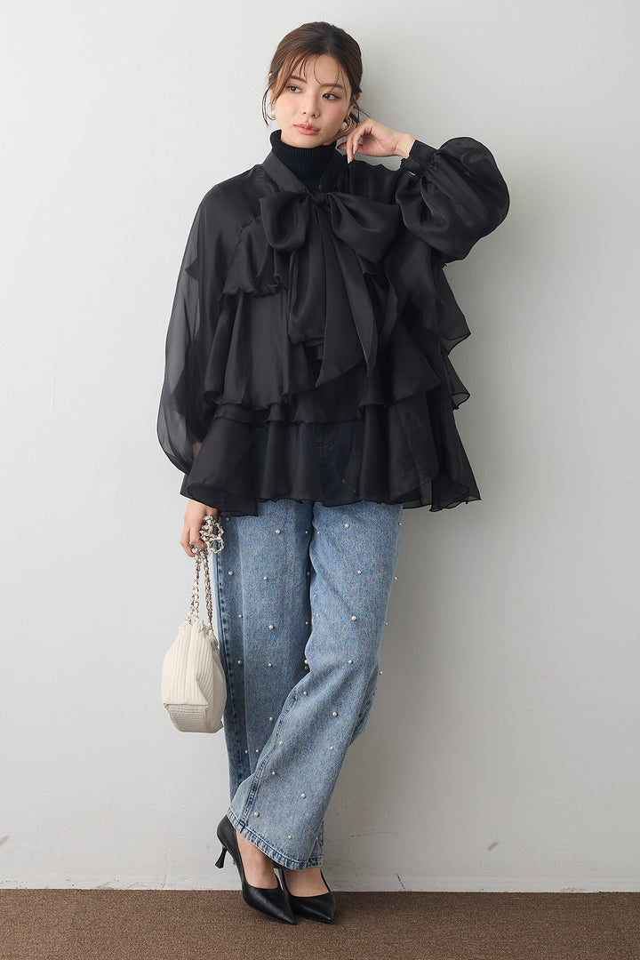 [予約/SET]ベーシックリブタートルニット+フロントBIGリボンティアードエアリーチュニック+パールスタッズストレートハイウエストデニム(3set)