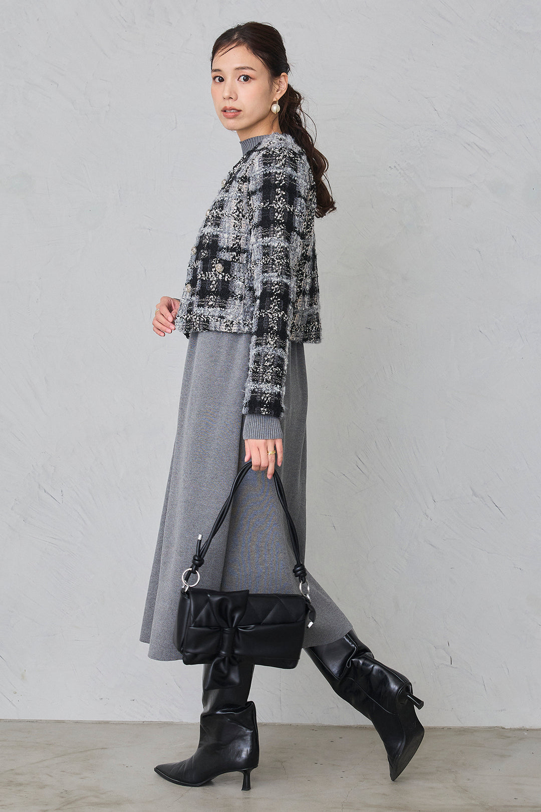 [予約/SET]ツイードチェッククロップドジャケット+リブセミフレアニットワンピース(2set)