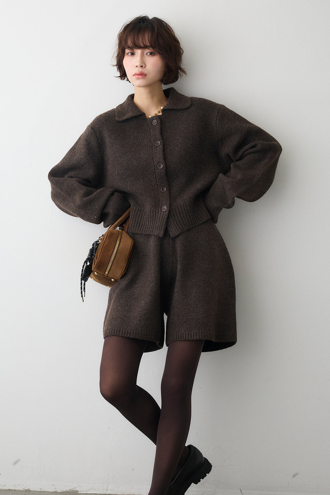 [予約]メランジニットポロ襟クロップドカーデ