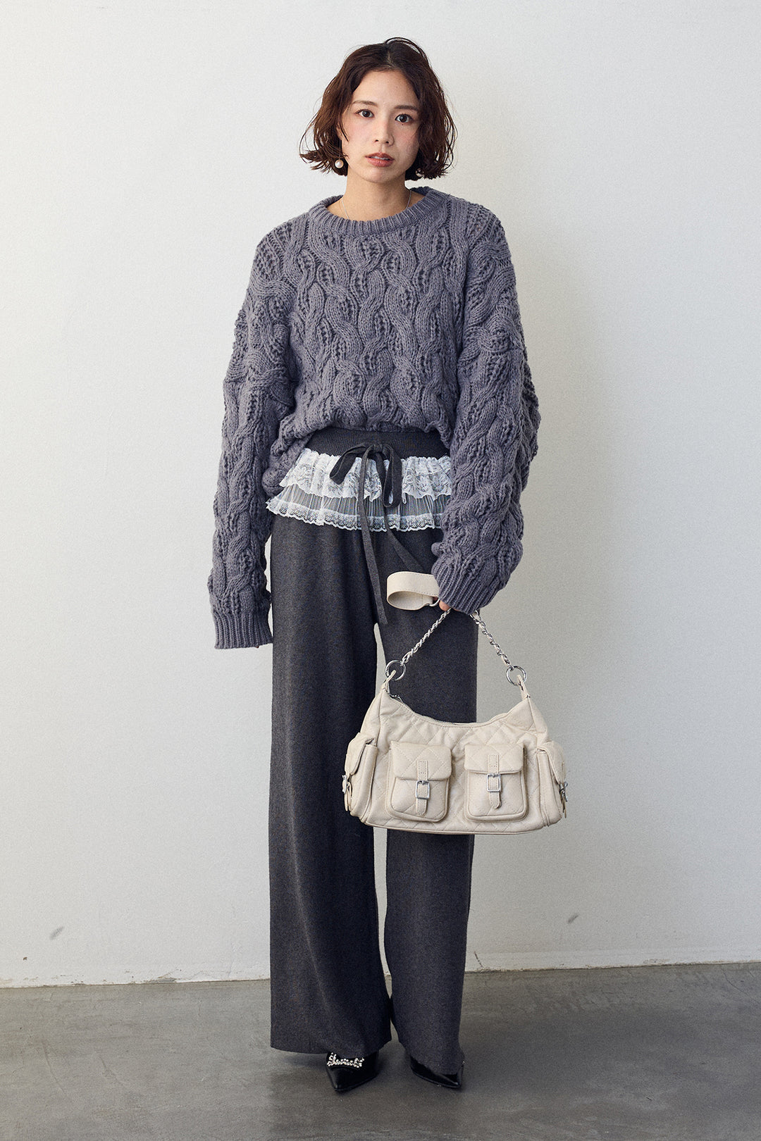 [予約/SET]ニュアンスケーブルクロップドニット+ウエストレースニットストレートパンツ(2set)