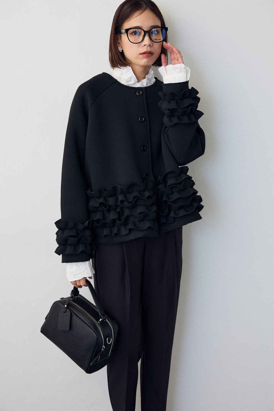 [予約/SET]ローズモチーフフリルカラーシャツ+フリルティアードボンディングクロップドコート(2set)