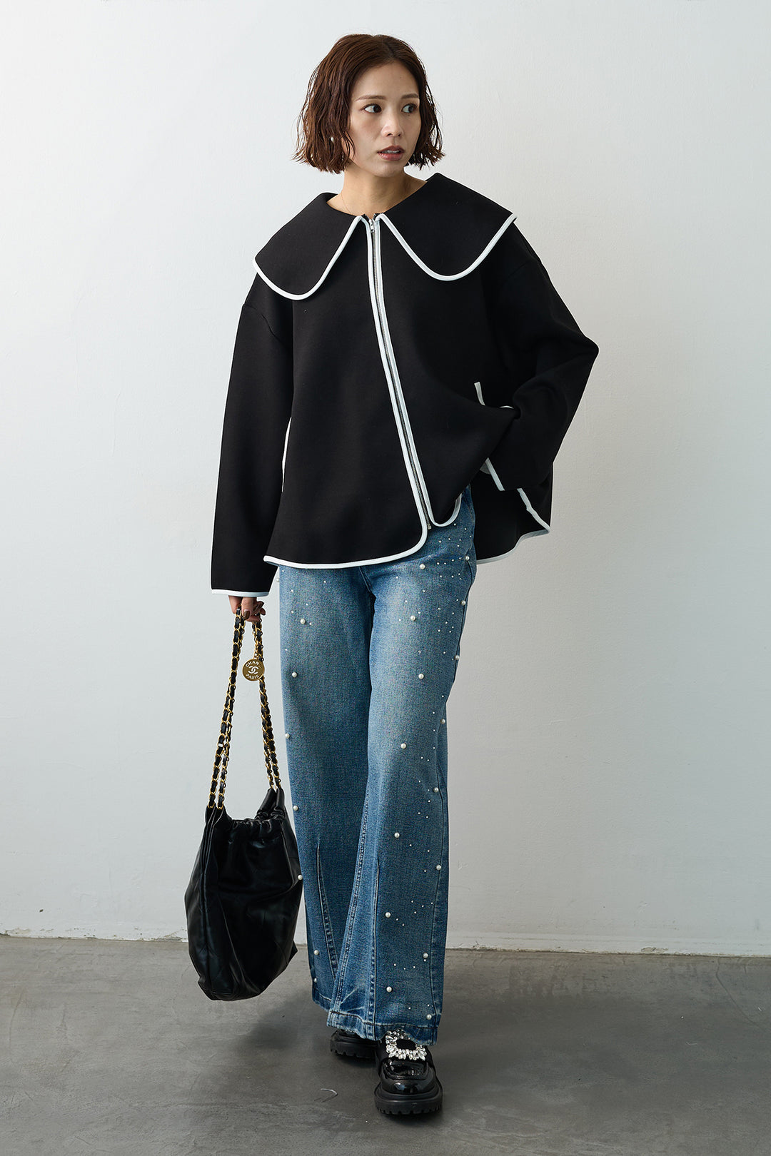 [予約/SET]バイカラーボンディング襟付きコート+パールラインストーンハイウエストデニム(2set)