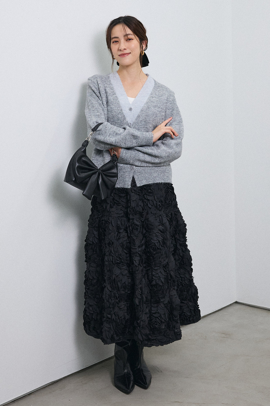[予約/SET]配色レイヤードニットカーデ+ローズフラワー立体フレアスカート(2set)