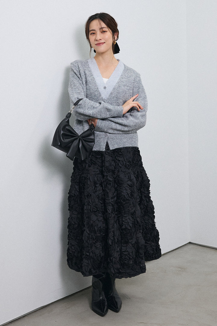 [予約/SET]配色レイヤードニットカーデ+ローズフラワー立体フレアスカート(2set)