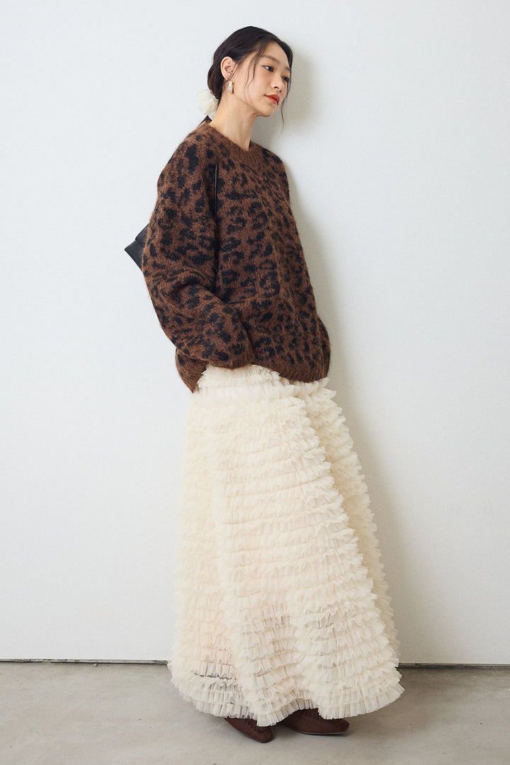 [予約/SET]レオパードクルーネックニットプルオーバー+ホイップチュールティアードスカート(2set)