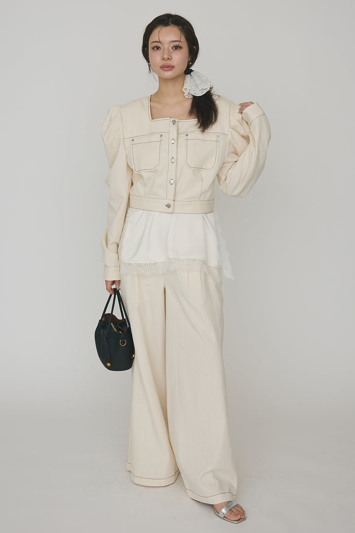 [予約/SET]マットサテンレースキャミソール+ステッチパフスリーブクロップドジャケット+ステッチデザインハイウエストデニムパンツ(3set)