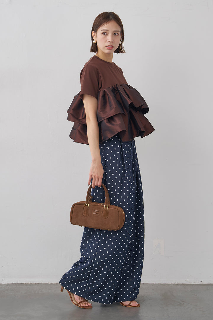 [予約/SET]ナイロンフリルドッキングTシャツ+ハイウエストドットデニムパンツ(2set)