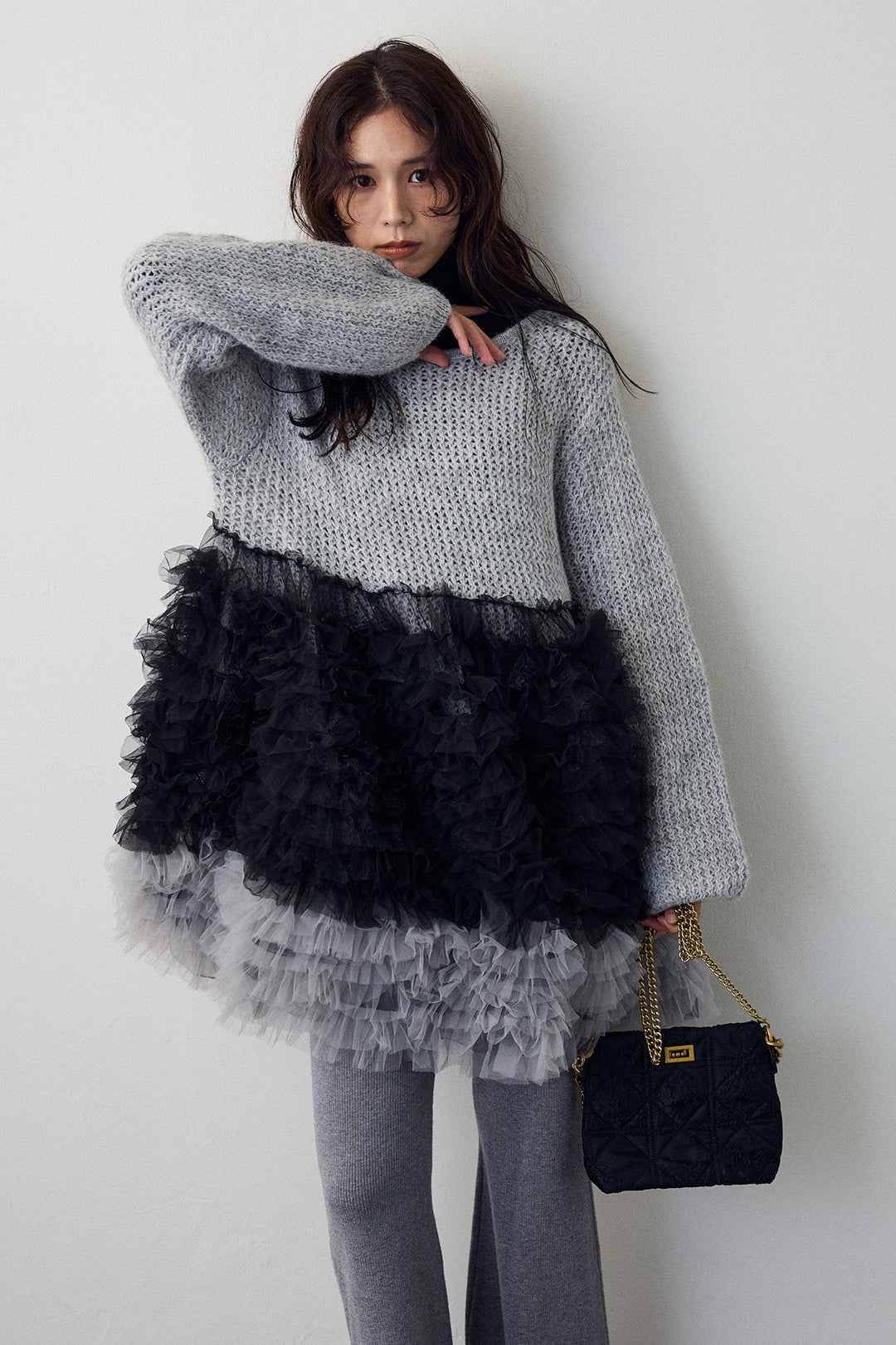 [予約/SET]ホイップチュールドッキングニットワンピ+リブストレッチフレアニットパンツ(2set)