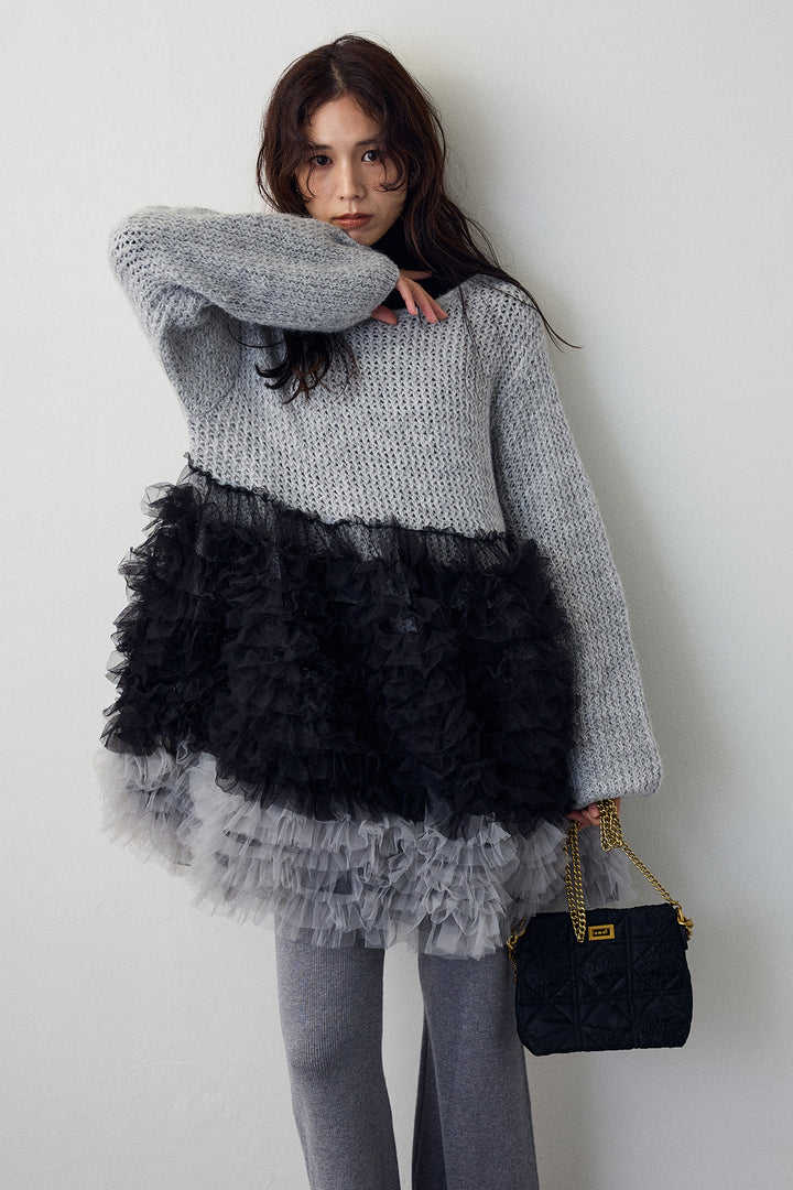 [予約/SET]ホイップチュールドッキングニットワンピ+リブストレッチフレアニットパンツ(2set)