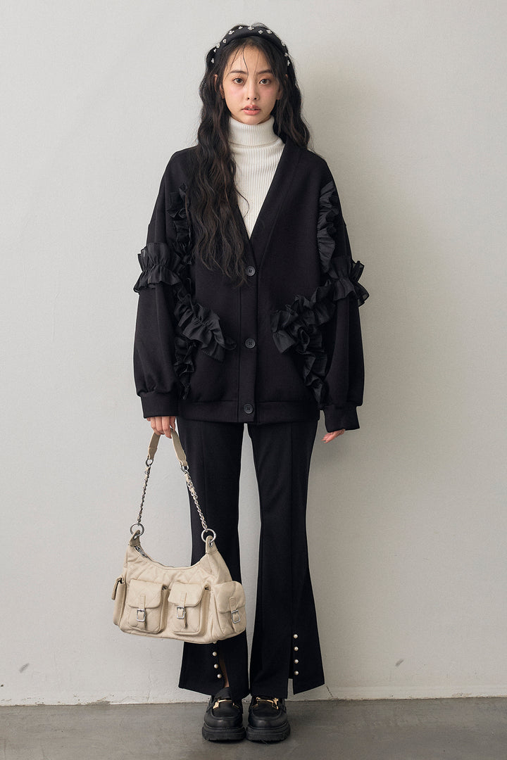 [予約]異素材ランダムフリルポンチカーデ