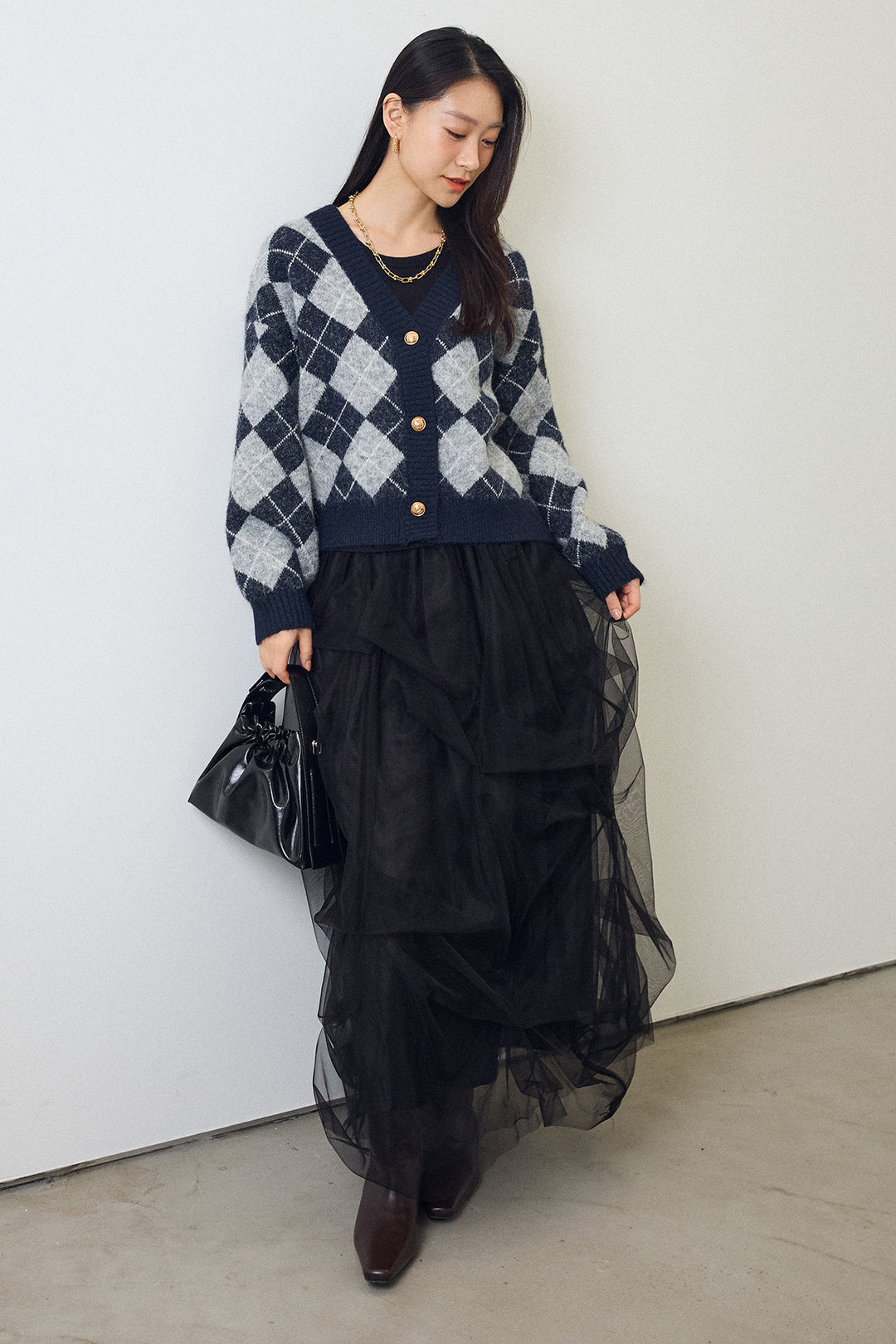 [予約/SET]アーガイル柄ゴールドボタンニットカーデ+マルチパターンタックチュールスカート(2set)
