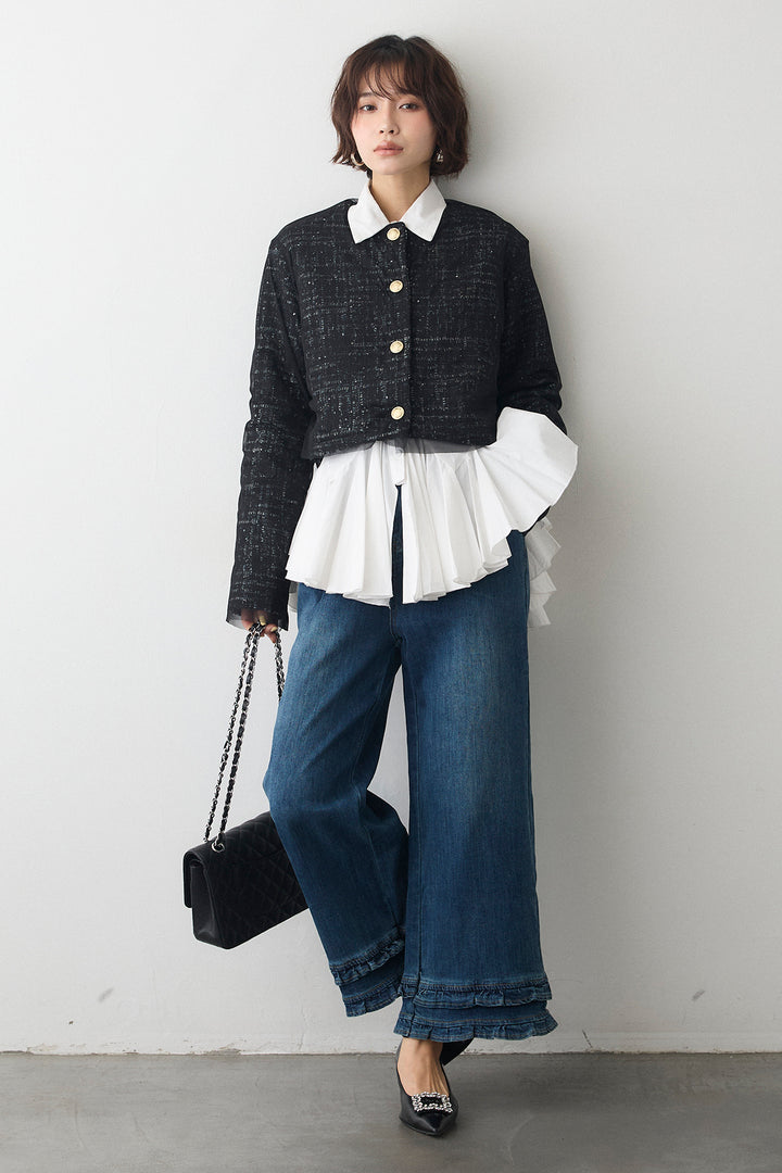 [予約/SET]ツイード×チュールレイヤードクロップドジャケット+フリルヘムデニムパンツ(2set)