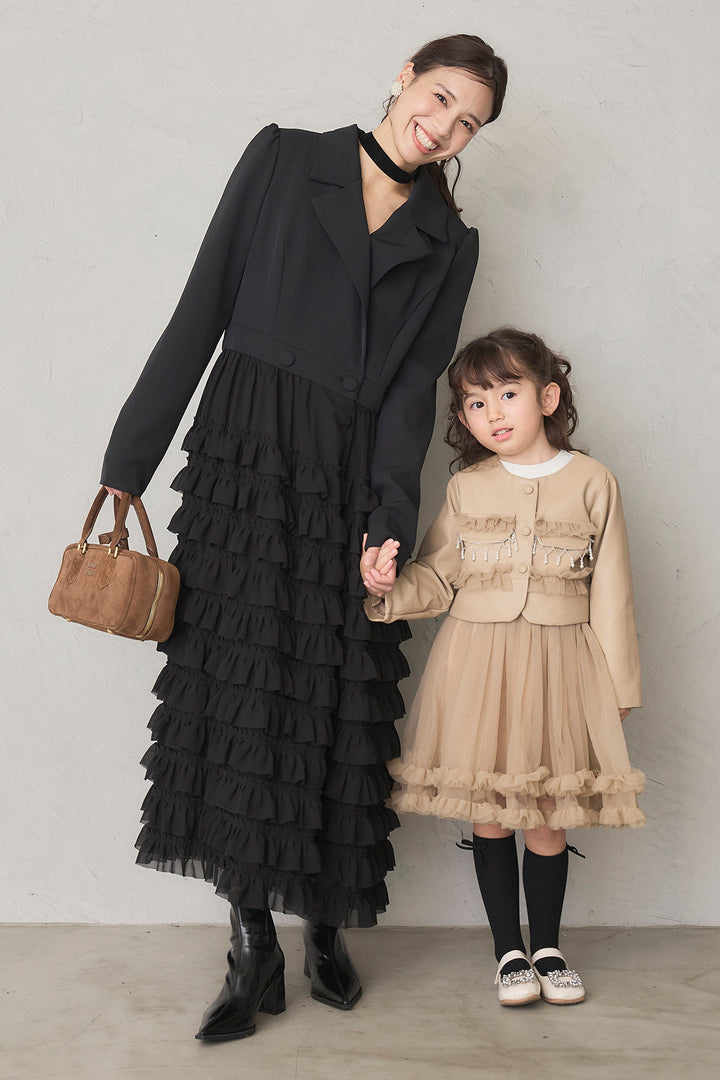 [予約/親子SET]ティアードチュールドッキングジャケットワンピース+[kids]フリルヘムチュールワンピ＋ジャケットセット(2set)