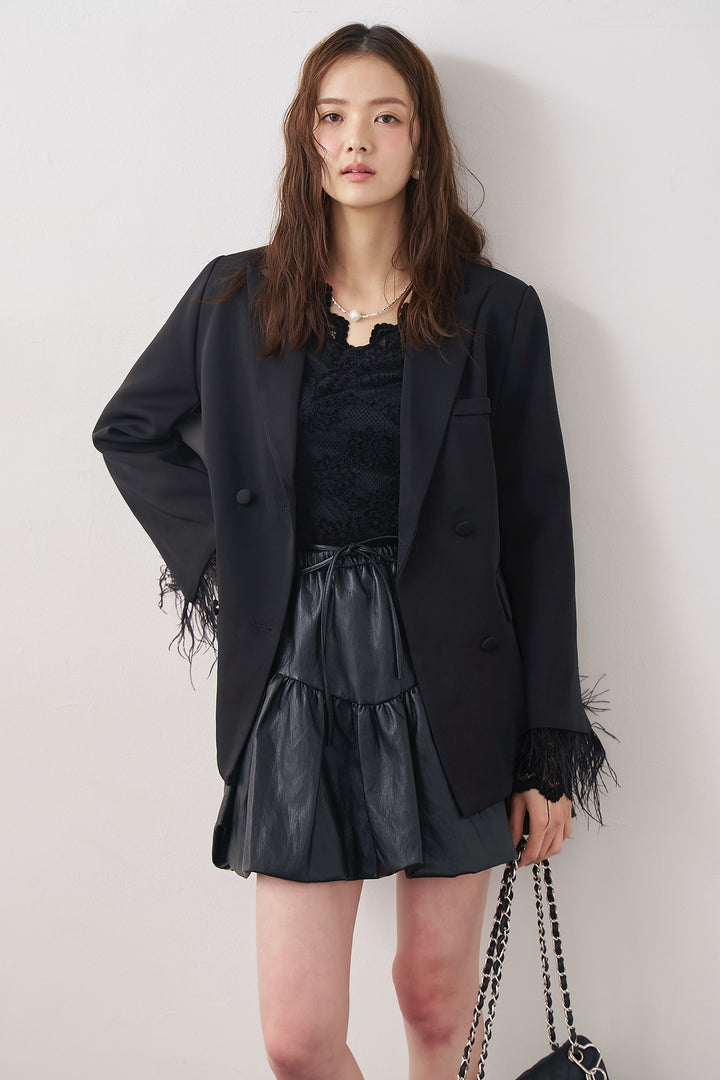 [予約/SET]クラシカルレースVネックトップス+エアリーファザーレディライクジャケット+フェイクレザーティアードバルーンミニスカート(3set)