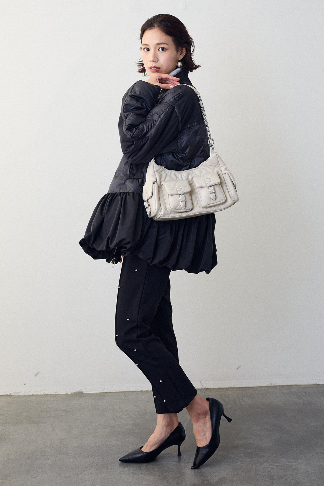 [予約]ヘムギャザードットキルティング中綿フレアコート