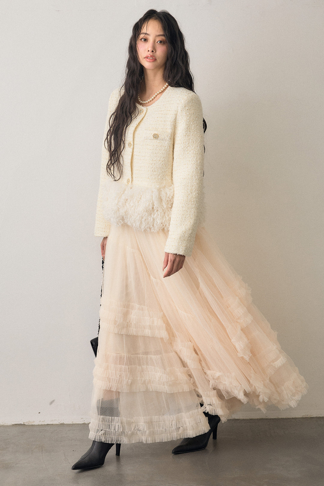 [予約/SET]中綿ツイードロングファードッキングジャケット+フェアリードレープチュールスカート(2set)