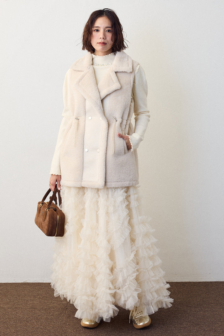 [予約/SET]ネックショルダーパールポイントニット+テディボアウエストドロストベスト+スフレアシメチュールスカート(3set)