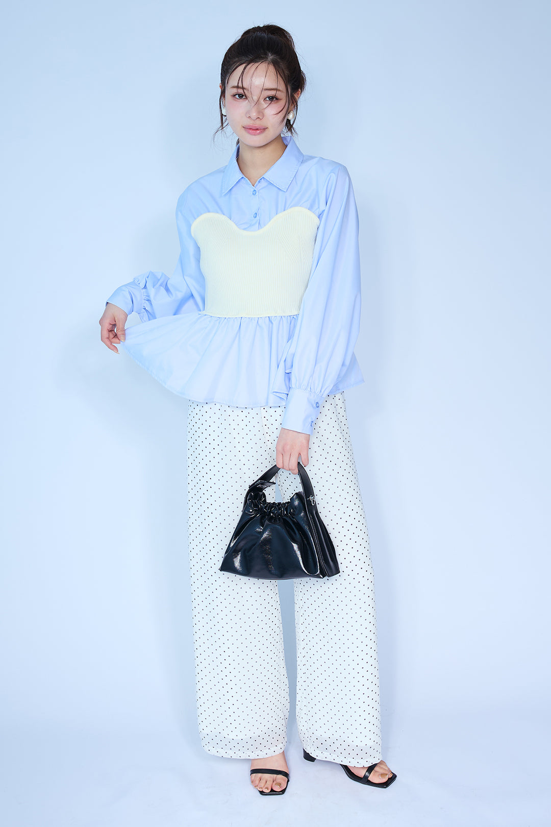 [予約/SET]ビスチェニットドッキングペプラムブラウス+シアードットリラックスパンツ(2set)