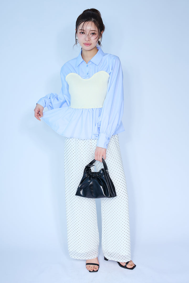 [予約/SET]ビスチェニットドッキングペプラムブラウス+シアードットリラックスパンツ(2set)