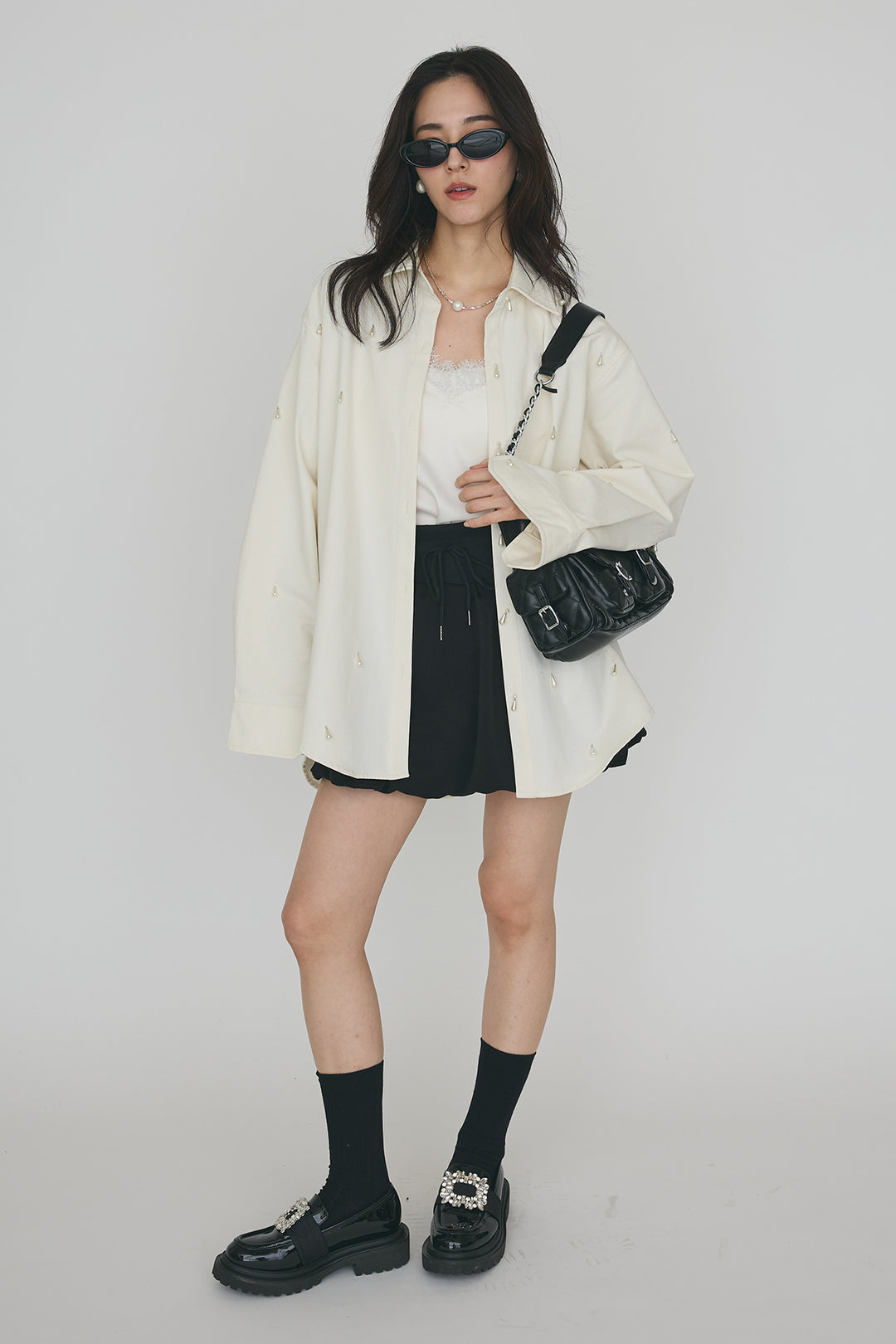 [予約/SET]雫パールデザインオーバーシャツ+スウェットバルーンスカート(2set)