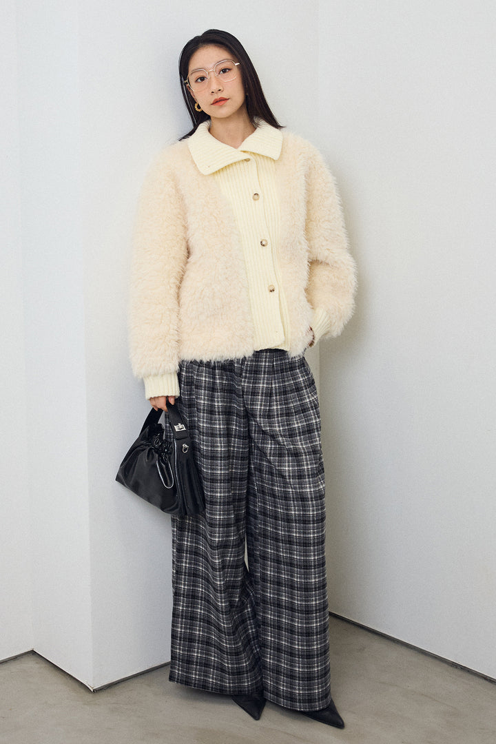 [予約/SET]シャギーファー×リブニットミックスジャケット+ハイウエストチェックセミワイドパンツ(2set)
