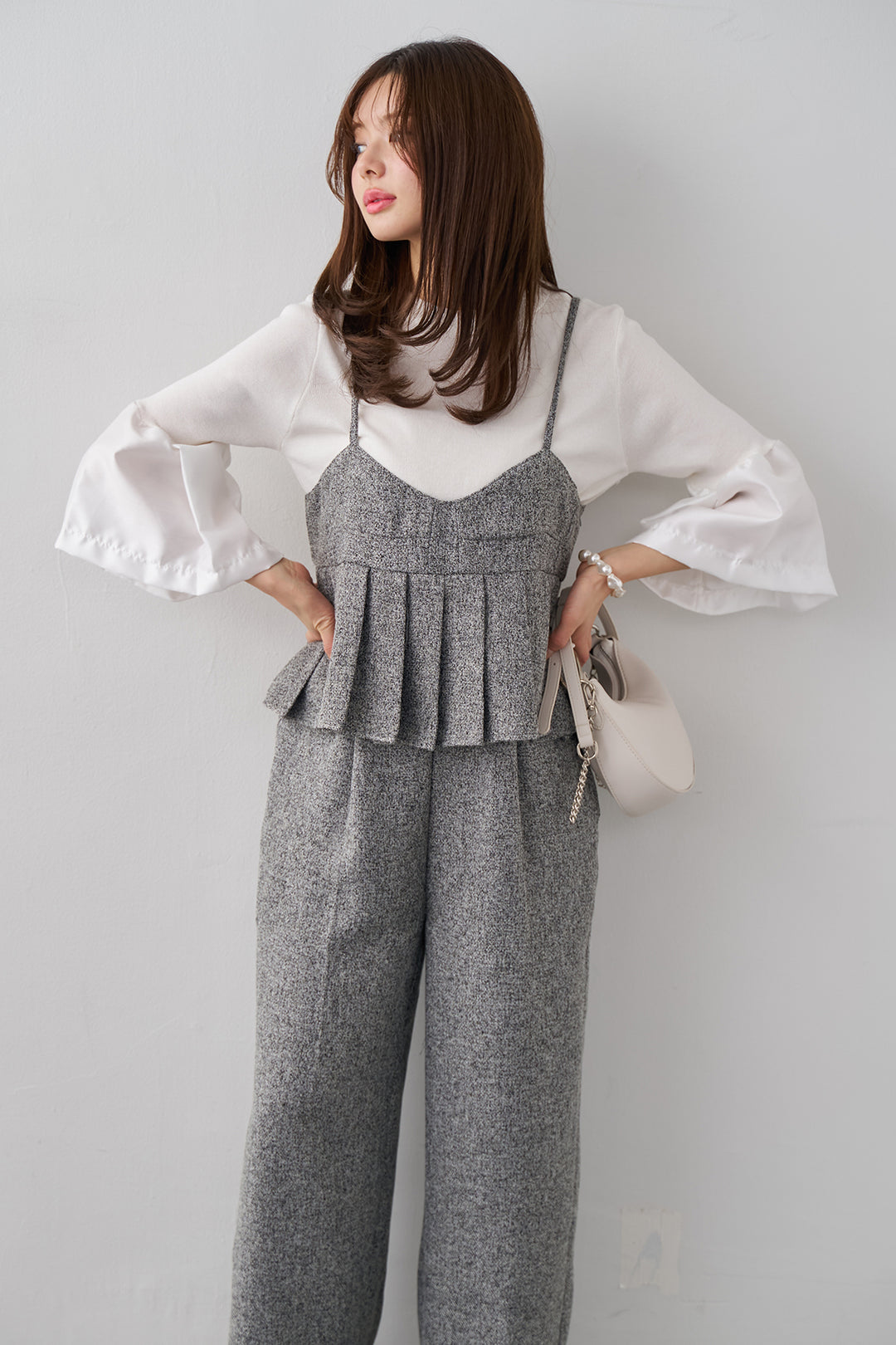 [予約/SET]タックフレア異素材ドッキングニットPO+プリーツビスチェオールインワン(2set)