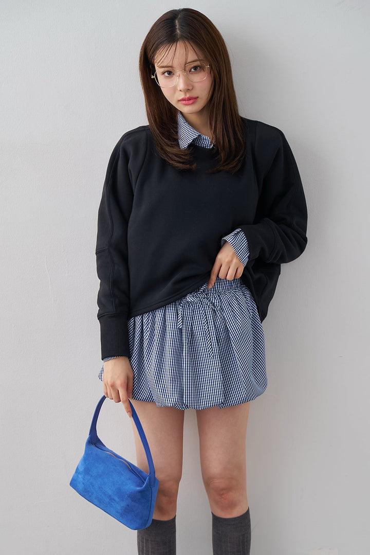 [予約/SET]ギンガムチェックバルーンミニボトムセットアップ+コクーンシルエットライトスウェットPO(2set)