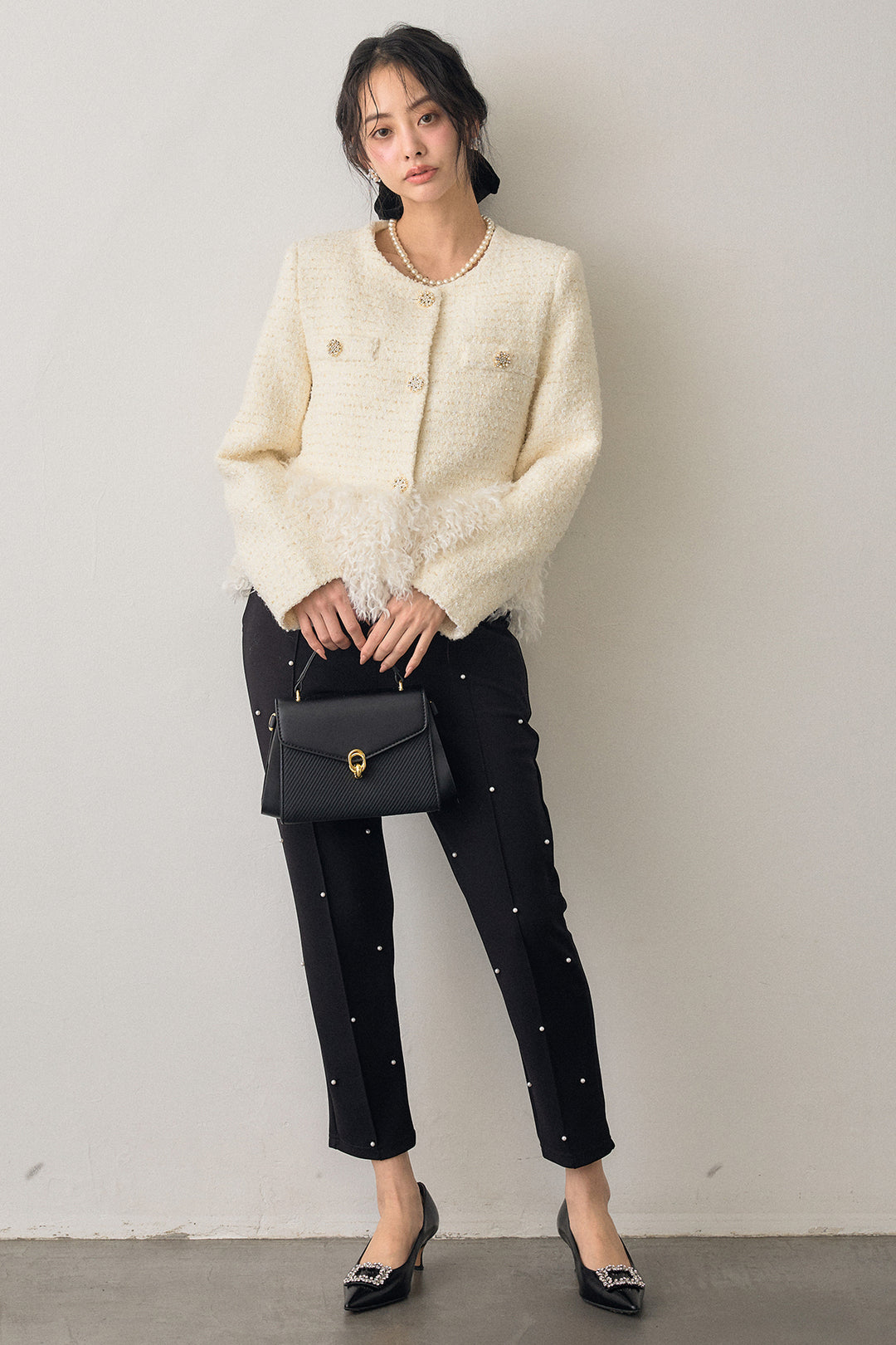 [予約/SET]中綿ツイードロングファードッキングジャケット+センターシームランダムパールパンツ(2set)