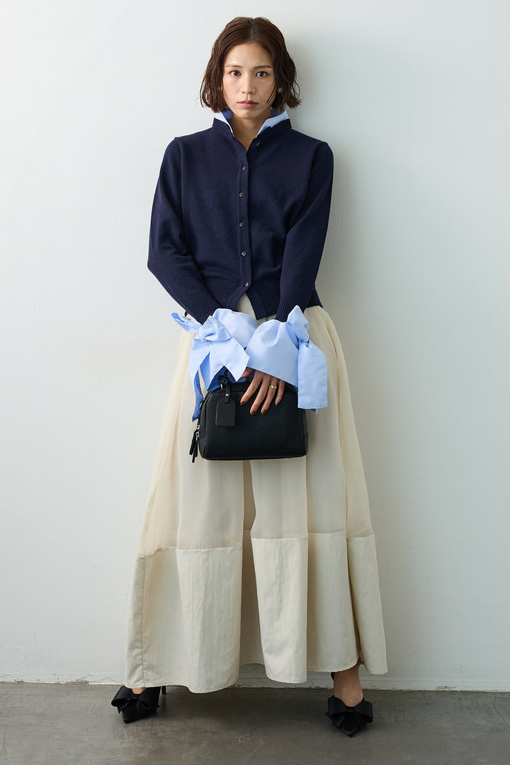 [予約/SET]BIGリボンカフスデザインニットドッキングカーデ+オーガンジー×タフタコクーンスカート(2set)