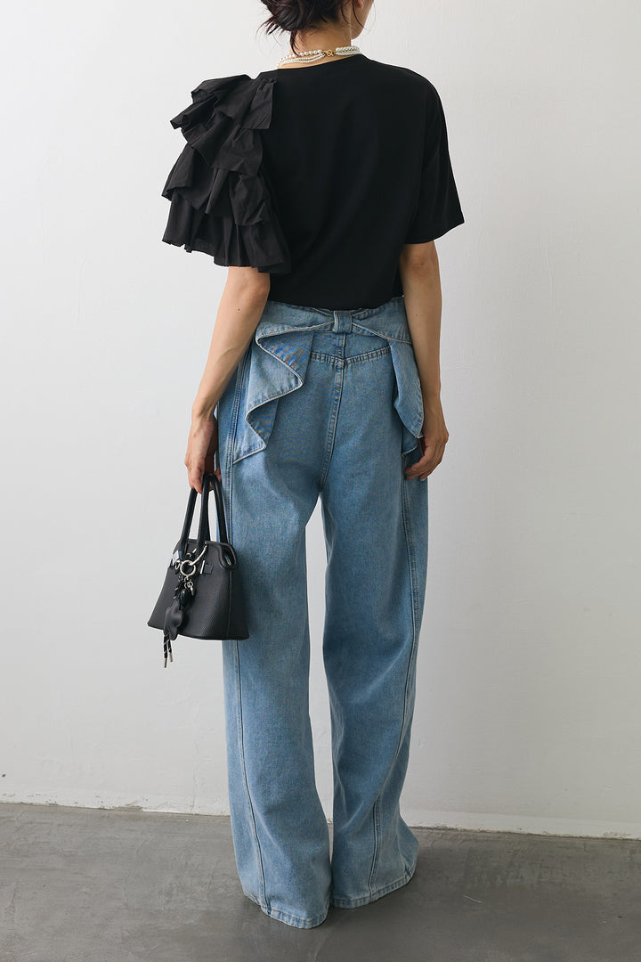 [予約/SET]ショルダーリブオフショルニット+アシメフリルティアードデザインTシャツ+バックリボンデザインデニムパンツ(3set)