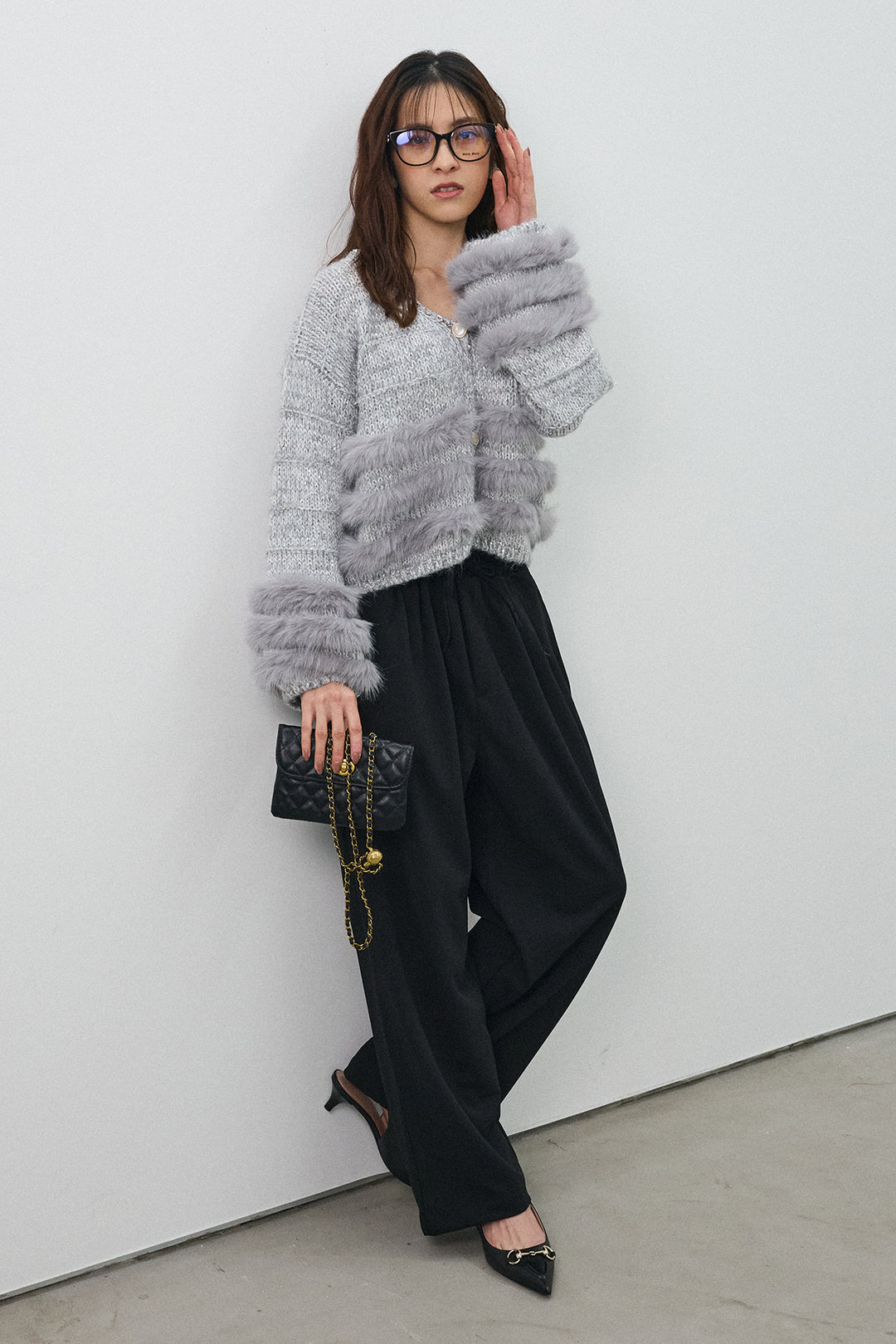 [予約/SET]ネックビジューラインファーニットカーデ+2タック美シルエットパンツ(2set)