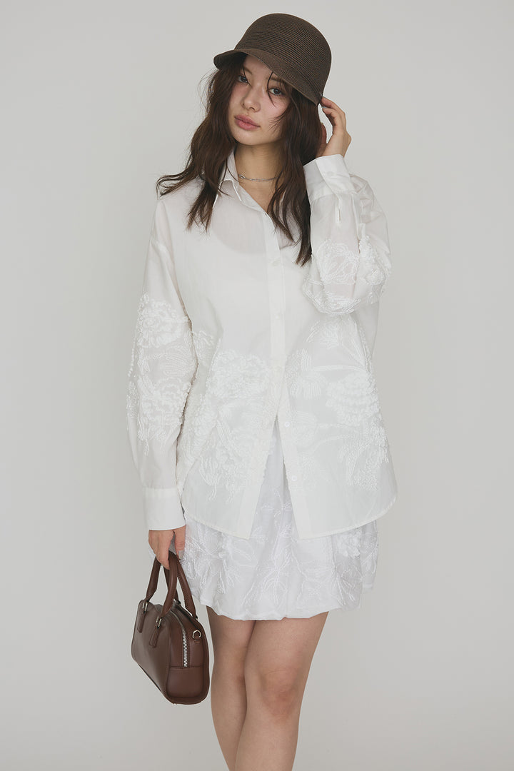 [予約/SET]フラワー刺繍モチーフオーバーシャツ+フラワー刺繍バルーンスカート(2set)