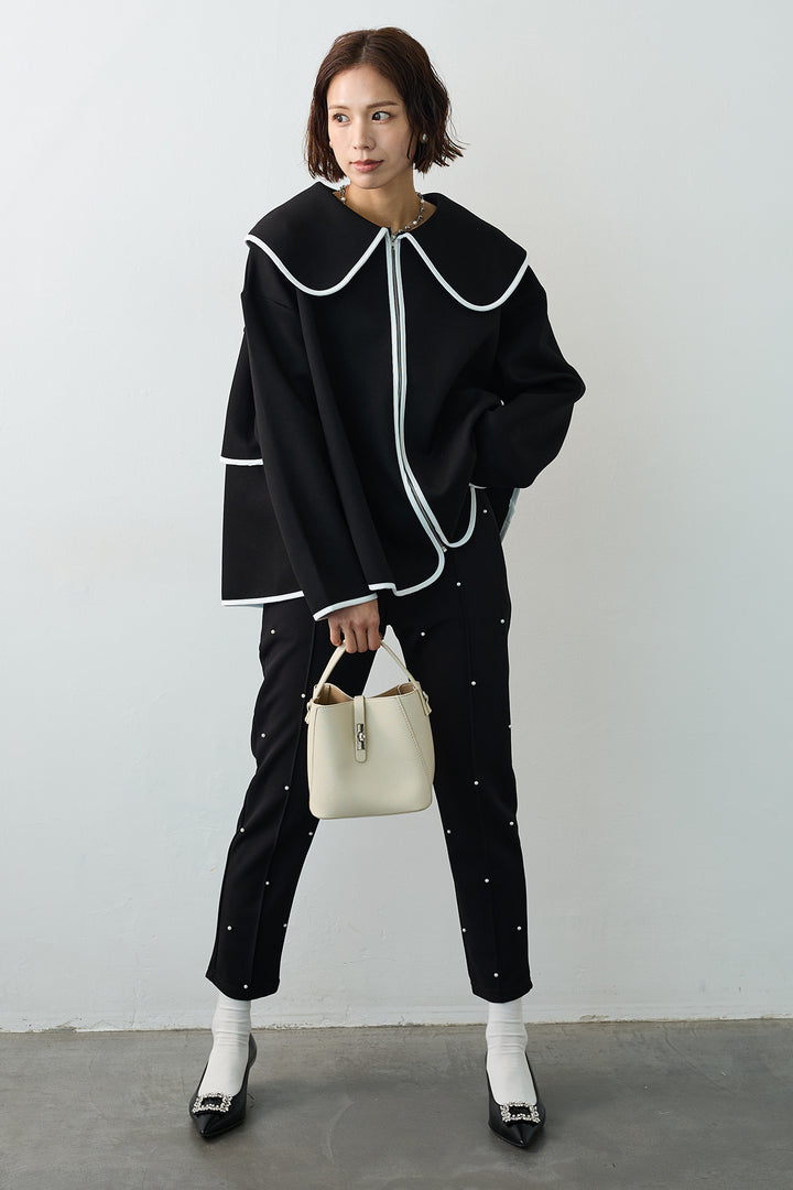 [予約/SET]バイカラーボンディング襟付きコート+センターシームランダムパールパンツ(2set)
