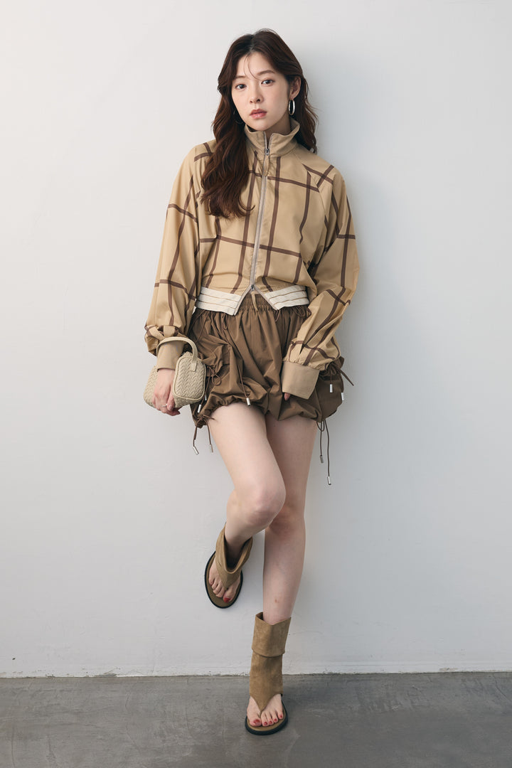[予約/SET]ウエストベルトリボンディティールチェックブルゾン+ギャザーポケットバルーンショートパンツ(2set)