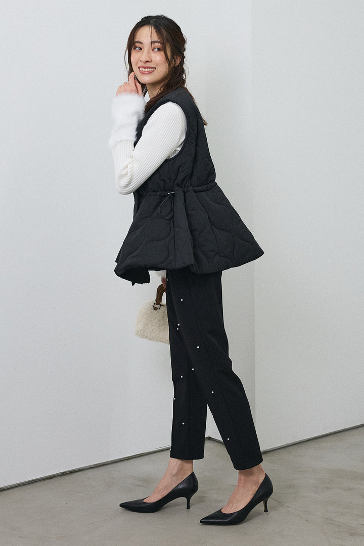 [予約/SET]フェザー切替スリーブフレアニット+キルティングフレアシルエットベスト+センターシームランダムパールパンツ(3set)