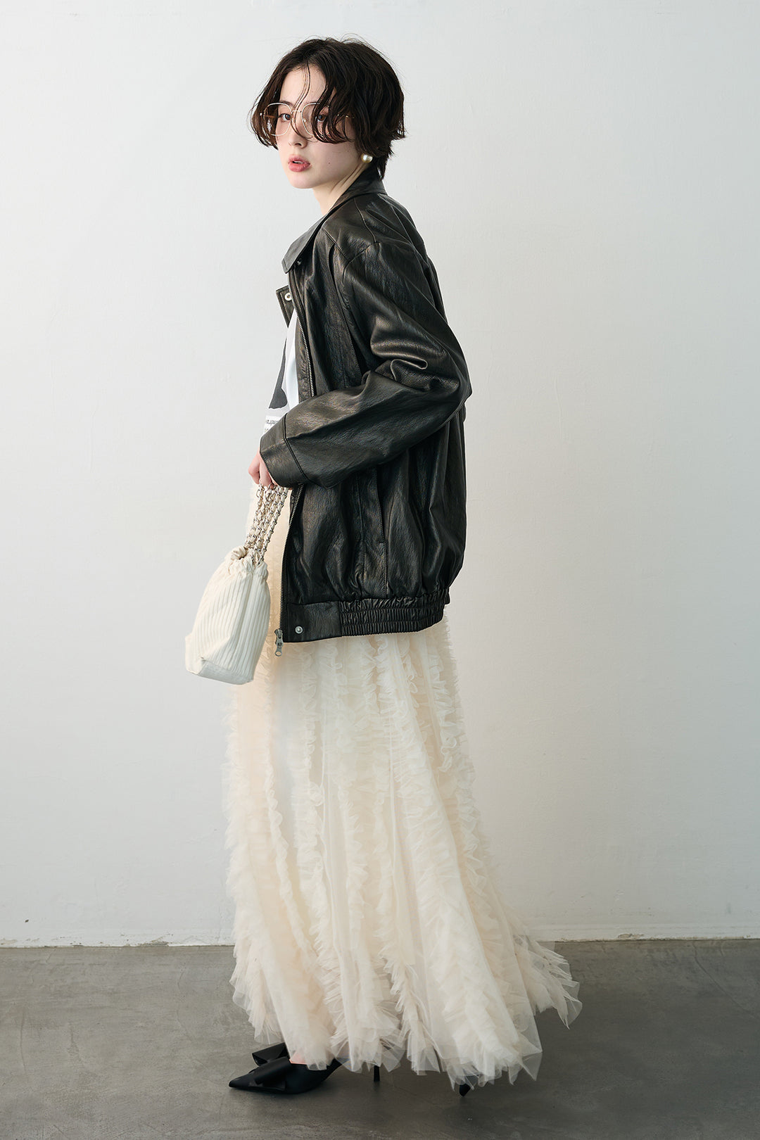 [予約/SET]グロッシーワッシャーレザーライクジャケット+Iラインホイップチュールスカート(2set)