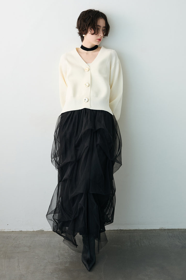 [予約/SET]スポンディッシュBIGボタンクロップドカーデ+マルチパターンタックチュールスカート(2set)