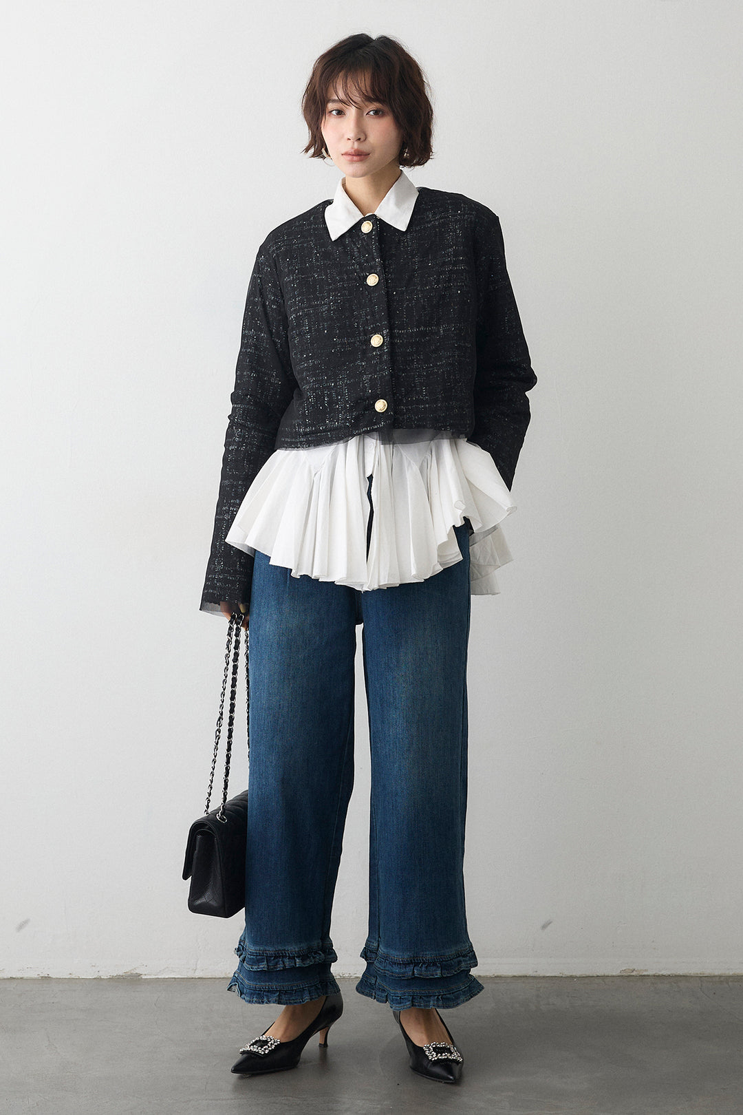 [予約/SET]パネルフレアヘムシャツ+ツイード×チュールレイヤードクロップドジャケット+フリルヘムデニムパンツ(3set)