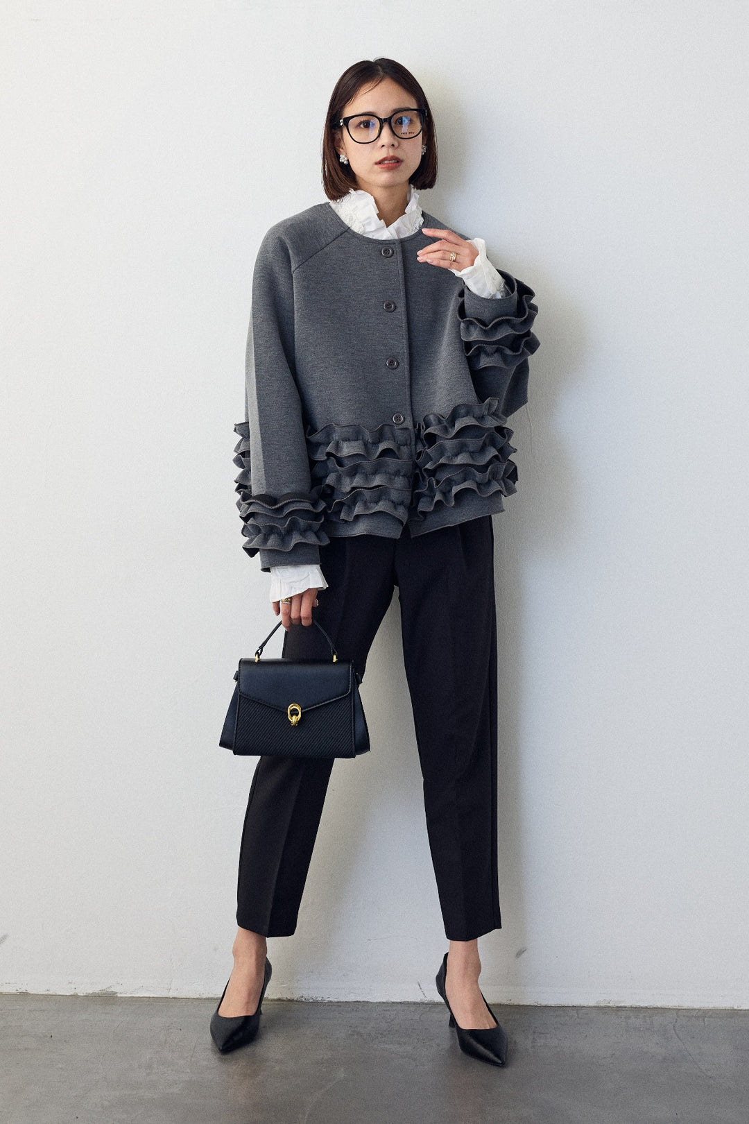 [予約/SET]フリルティアードボンディングクロップドコート+タックテーパードパンツ(2set)