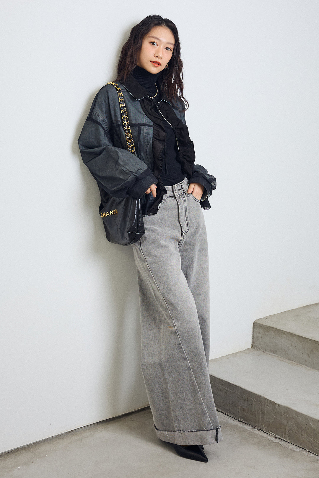 [予約/SET]デニム×チュールレイヤードフリルジャケット+切替ワイドハイウエストデニム(2set)