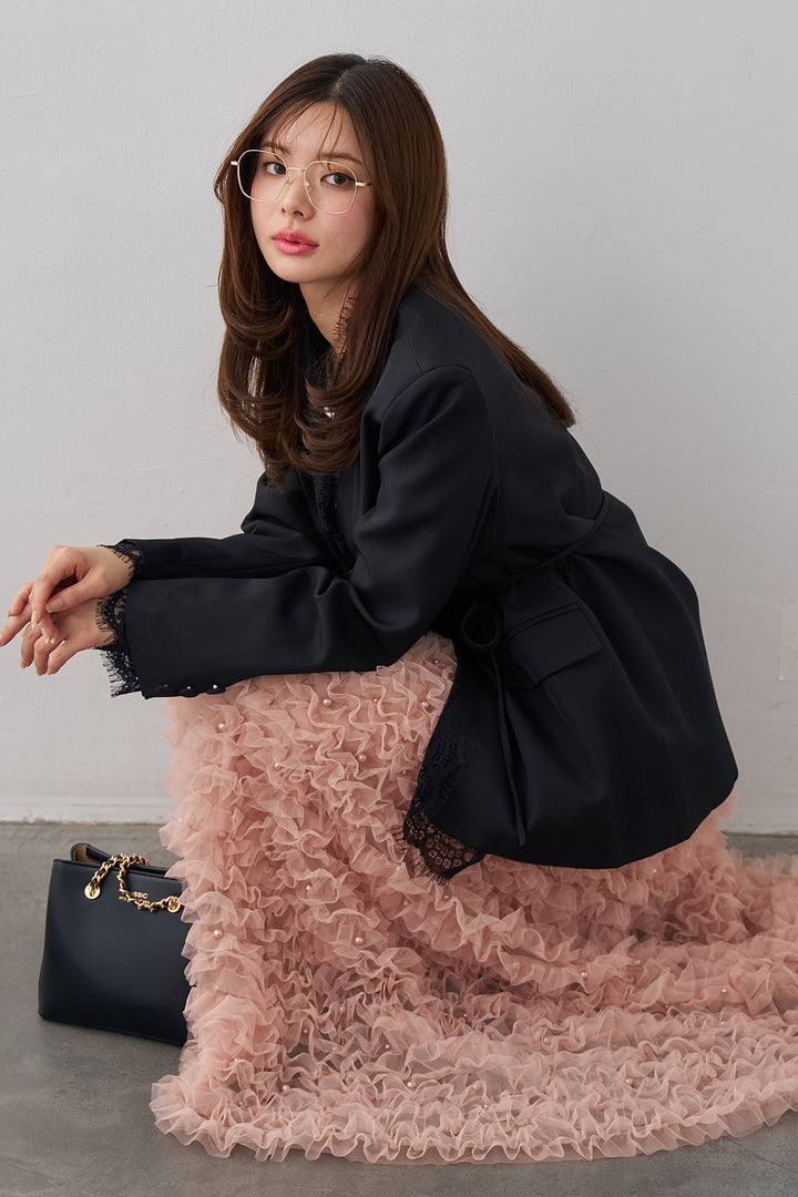 [予約/SET]カシュクールレースドッキングジャケット+パール付きホイップチュールスカート(2set)