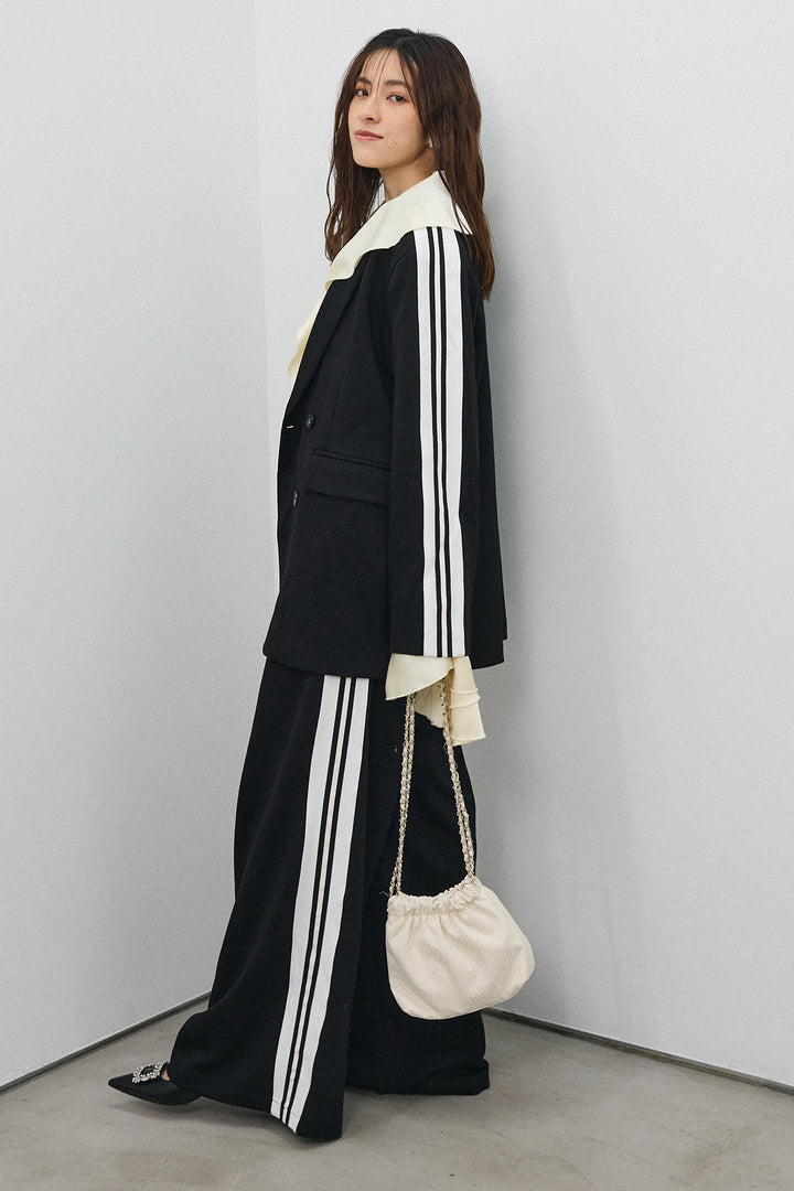 [予約/SET]サテンフリルベルスリーブブラウス+サイドラインマニッシュセットアップ(2set)